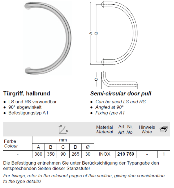 Schuco 380mm Stainless Steel Semi-Circular Door Pull Handle (210759) - Premium Contemporary Architectural Hardware
