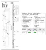 Technical specification sheet and dimension drawing for a Schlüsselfert strike plate, showing front and side views with measurements, notes, and a small table of order details.