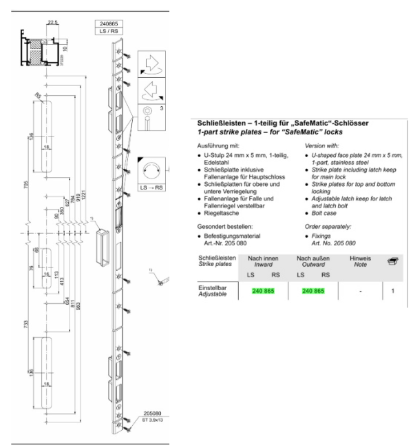 Technical specification sheet and dimension drawing for a Schlüsselfert strike plate, showing front and side views with measurements, notes, and a small table of order details.
