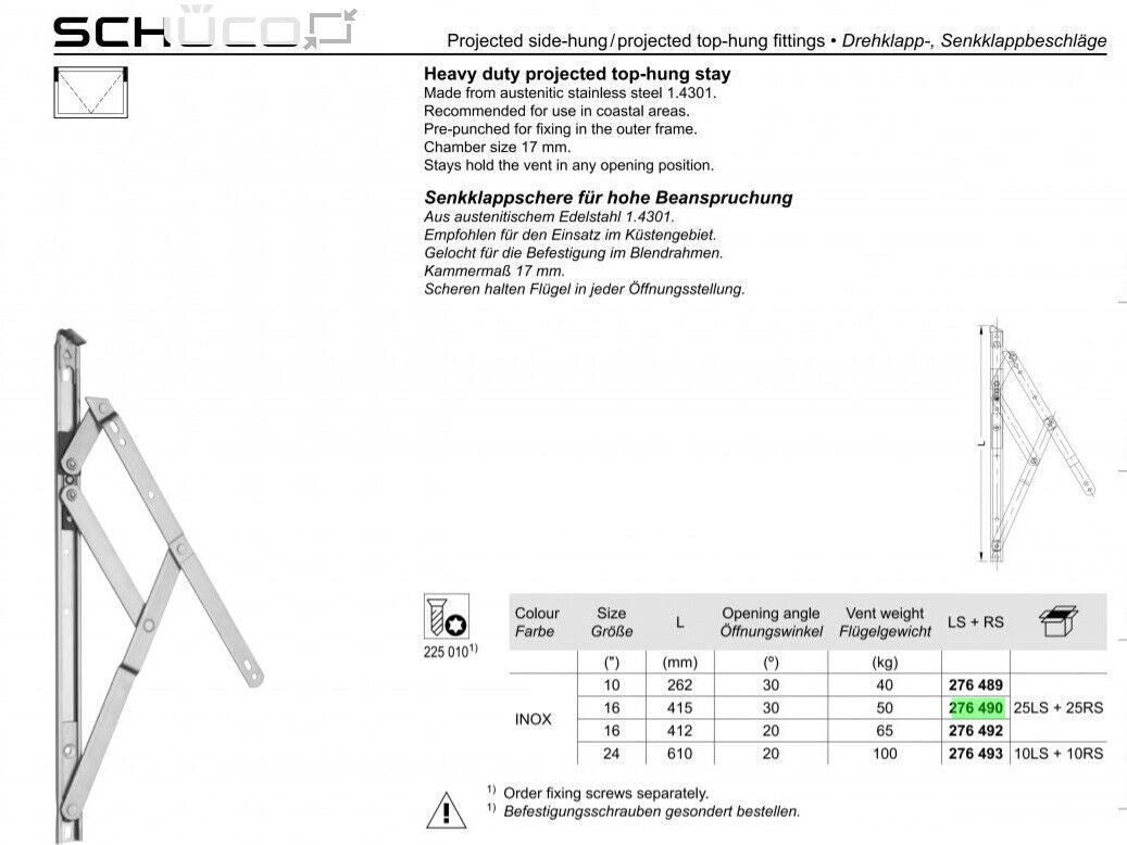 Schueco Heavy Duty Projected Top & Side Window Friction Hinge - Stainless Steel 276490 (Sold as 1 Pair)