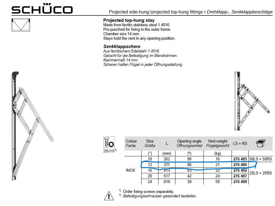 Schueco Heavy Duty Stainless Steel Projected Top Hung Window Friction Hinge Stays (276486)