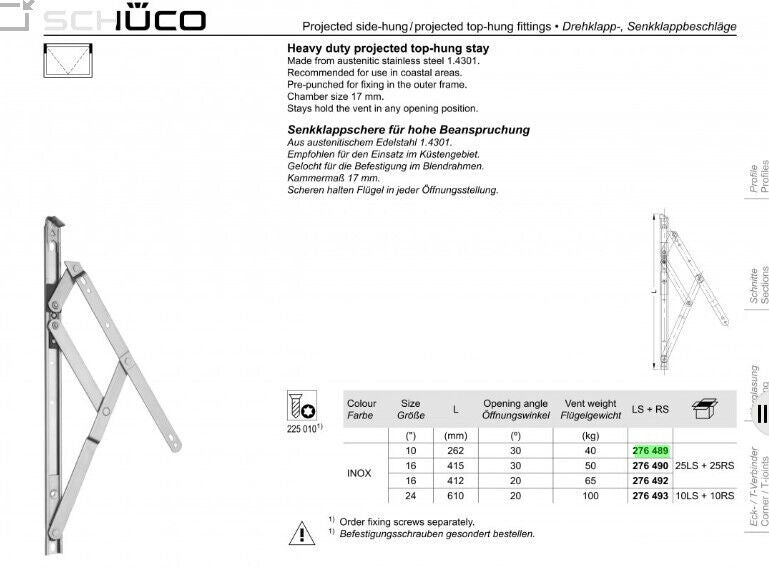Schueco Heavy Duty Stainless Steel Friction Hinge for Projected Top and Side Hung Windows - 276489 (Sold as 1 Pair)