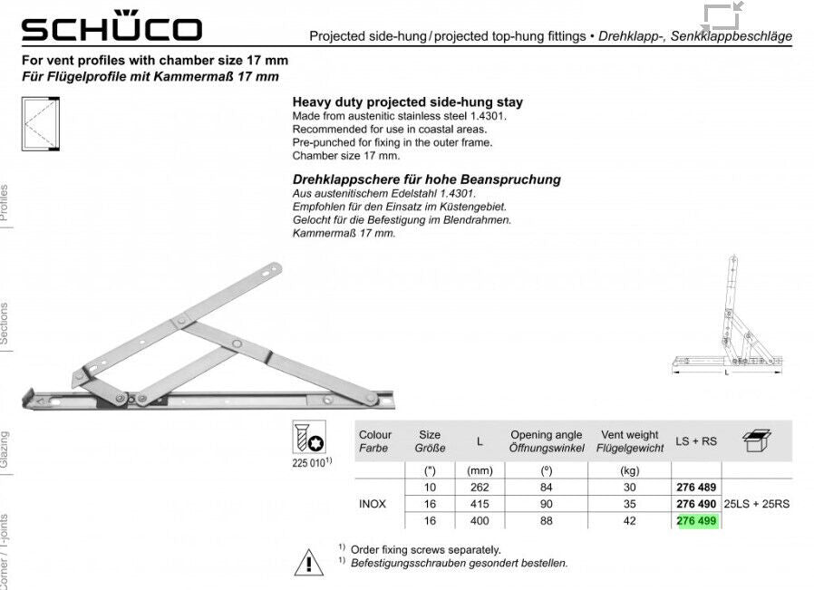 Schuco Heavy Duty Stainless Steel Projected Side Hung Window Friction Stay Hinge - 16" - 42kg Capacity (Sold as 1 Pair)