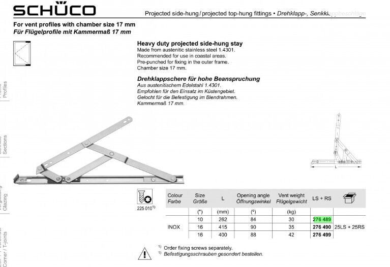 Schueco Heavy Duty Stainless Steel Friction Hinge for Projected Top and Side Hung Windows - 276489 (Sold as 1 Pair)