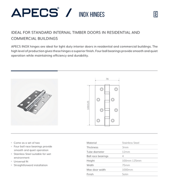 APECS INOX Heavy Duty Stainless Steel Ball Bearing Door Hinge - 100mm x 75mm