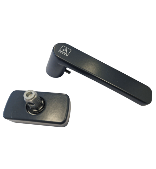 Black metal door handle and matching strike plate set on a plain white background.