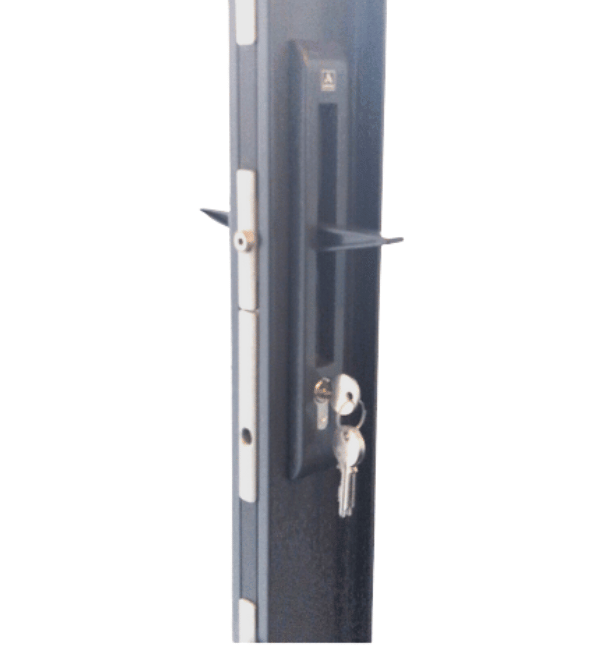 A close-up of a dark gray metal door lock and handle assembly with two keys inserted, shown against a plain white background.