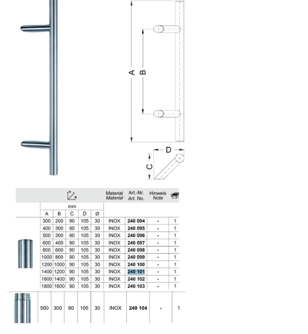 Schuco 240104 Stainless Steel Angled Pull Door Handle - 500mm Length, Standard Commercial Building Hardware
