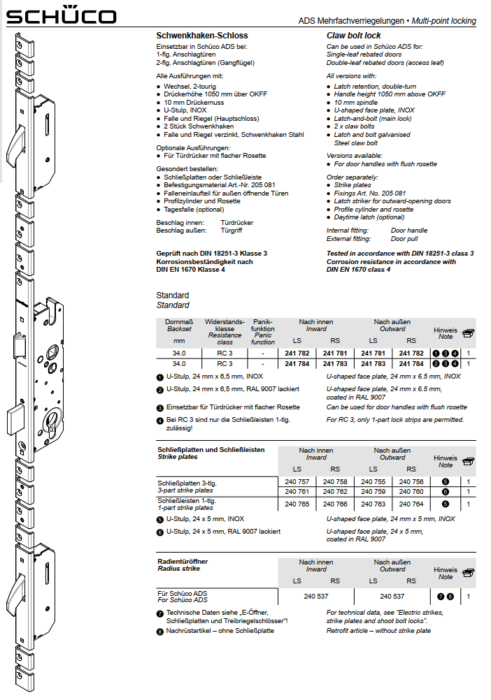 Schücco 241782 High-Security Claw Bolt Lock - Left/Right Hand Configuration