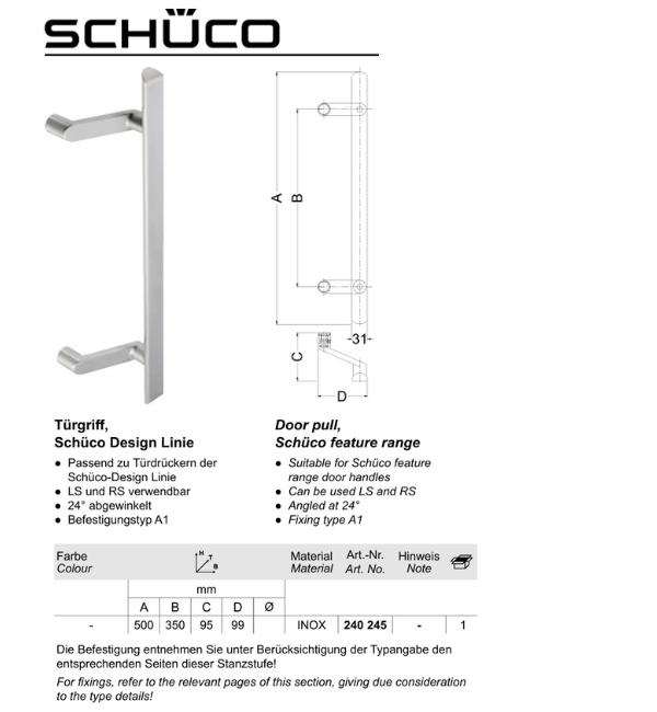 Schuco Design Line Door Handle - 500mm Fixing Centres, 350mm