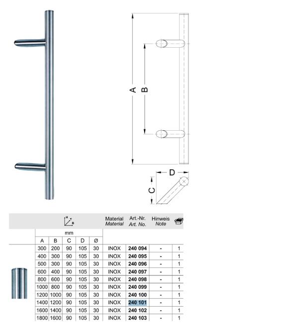 Schuco 240100 Angled Pull Door Handle - 1200mm Stainless Steel Commercial Grade