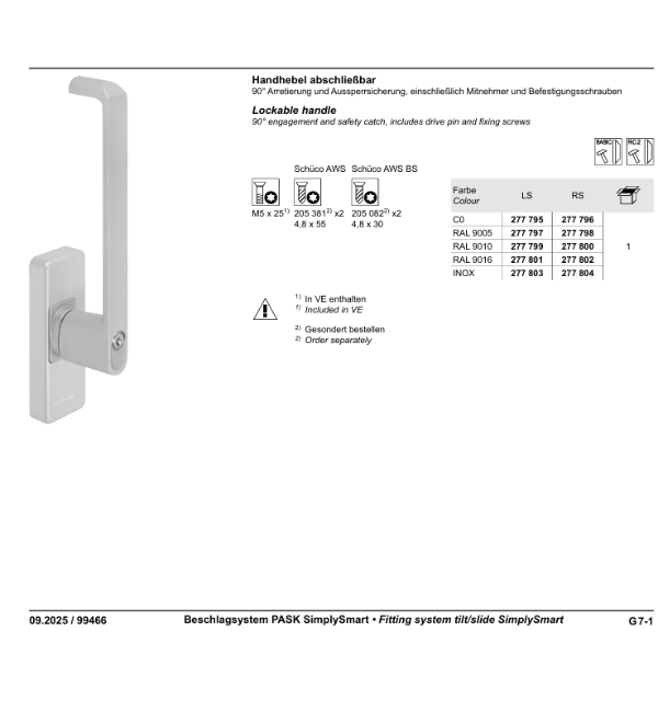 Schuco 277797 Left Hand Locking Tilt and Slide Door Handle - Black RAL 9005