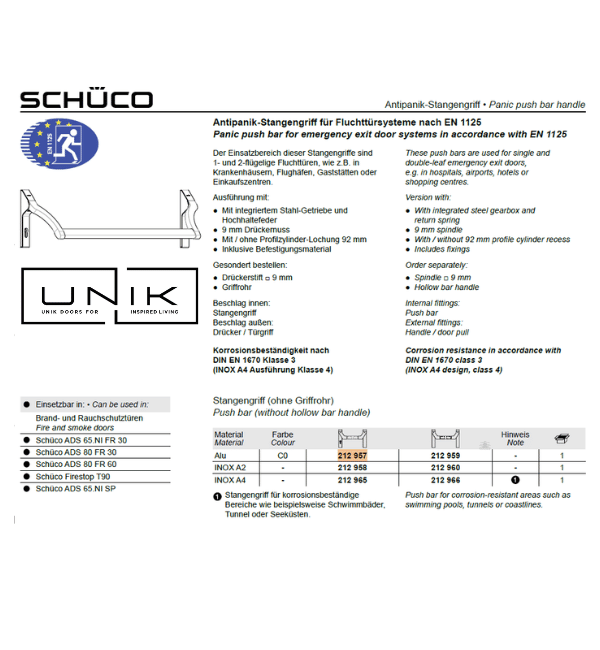 Schuco 212957 Commercial Grade Panic Push Bar Hardware for Emergency Exit Systems (Without Hollow Bar Handle)