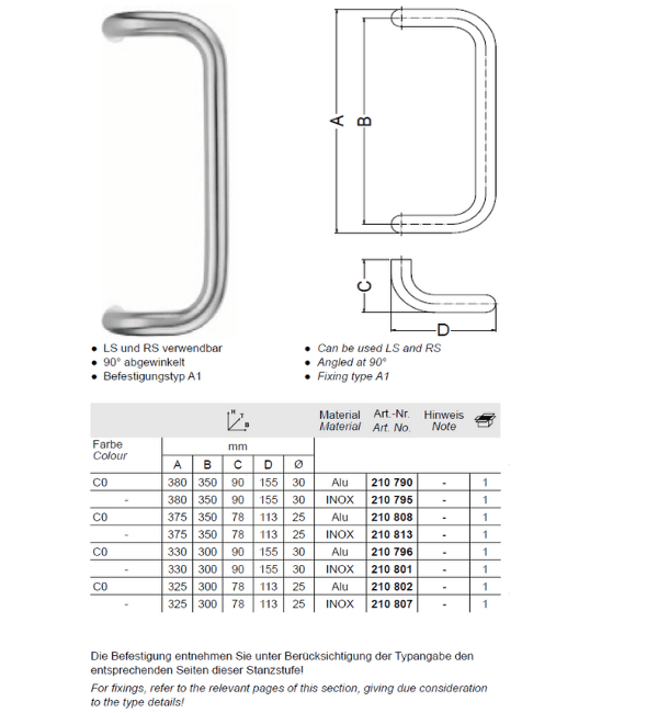 Schuco 210790 - 380mm Aluminium Rectangular Door Pull Handle