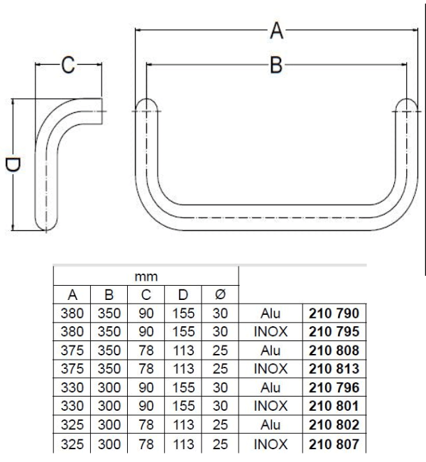 Schuco 210808 Aluminum Rectangular Door Pull Handle - 90 Degree Angled, LH/RH Compatible, Fixing Type A1