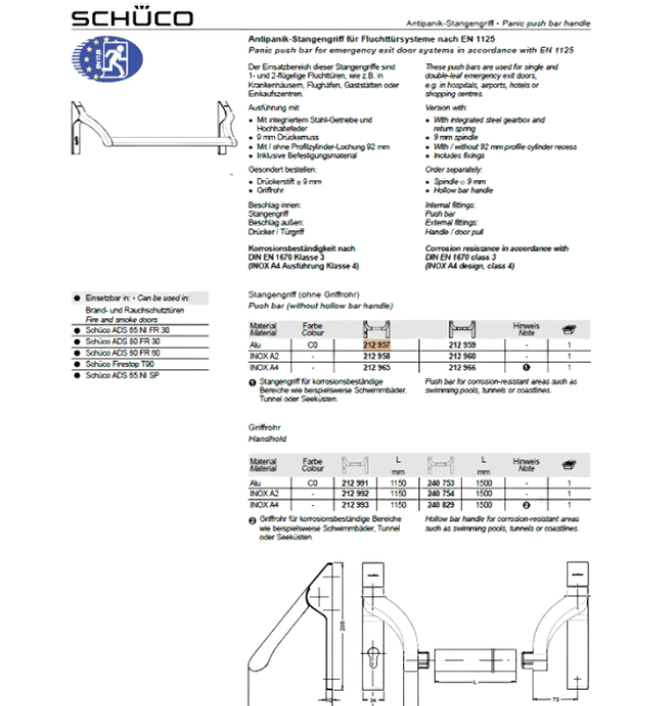 Schuco 212958 A2 Stainless Steel Push Bar - Commercial Grade Panic Hardware for Emergency Exit Systems