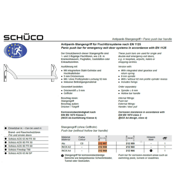 Schuco 212958 A2 Stainless Steel Push Bar - Commercial Grade Panic Hardware for Emergency Exit Systems