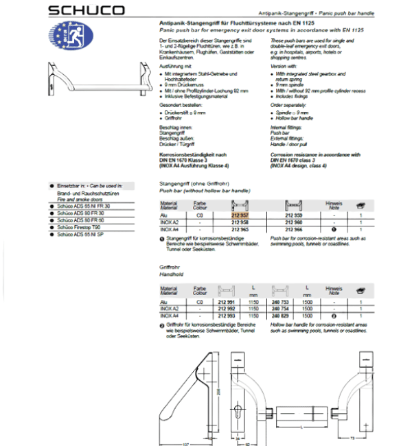 Schuco 212959 Aluminium Panic Bar Mechanism - Push Bar for Emergency Exit Systems (Without Hollow Bar Handle)
