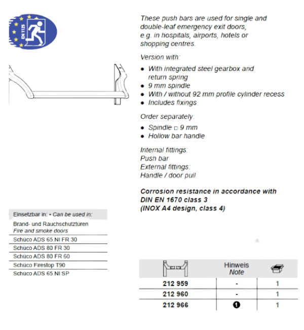 Schuco 212959 Aluminium Panic Bar Mechanism - Push Bar for Emergency Exit Systems (Without Hollow Bar Handle)