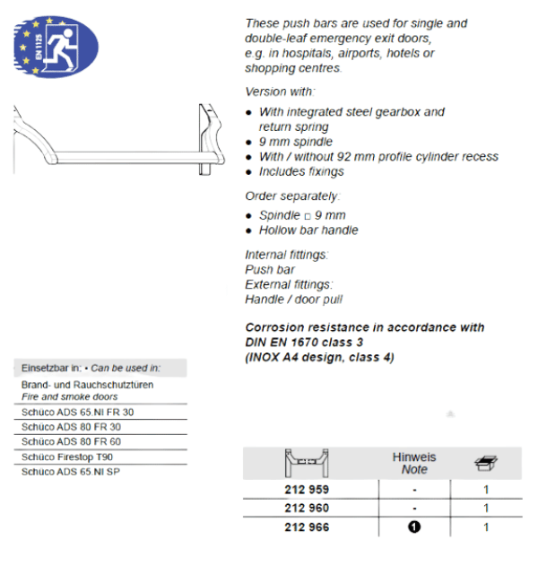 Schuco 212960 Stainless Steel A2 Panic Bar Mechanism - Push Bar for Emergency Exits (Handle Sold Separately)