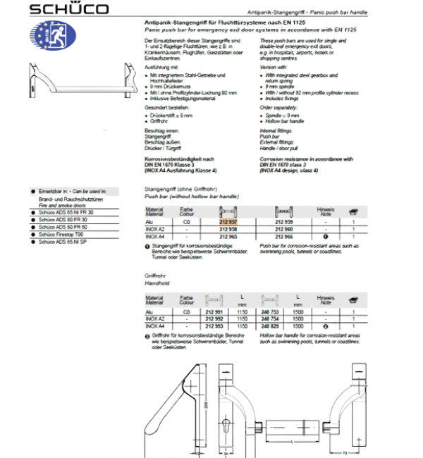Schuco 212960 Stainless Steel A2 Panic Bar Mechanism - Push Bar for Emergency Exits (Handle Sold Separately)