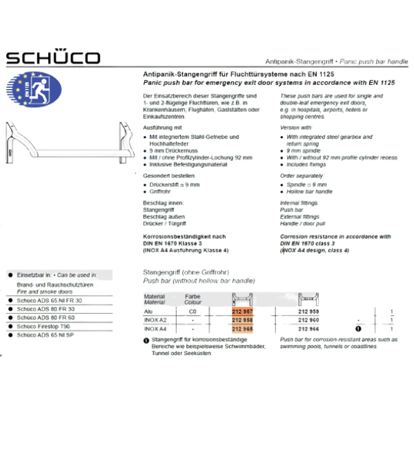 Schuco 212965 A4 Stainless Steel Push Bar - Commercial Grade Panic Hardware for Emergency Exit Systems