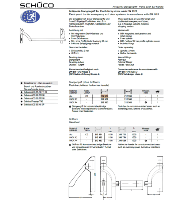 Schuco 212965 A4 Stainless Steel Push Bar - Commercial Grade Panic Hardware for Emergency Exit Systems