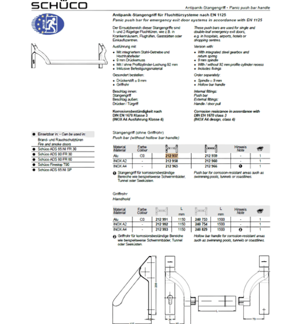 Schuco 212966 Stainless Steel A4 Panic Bar Mechanism (Push Bar without Hollow Bar Handle)