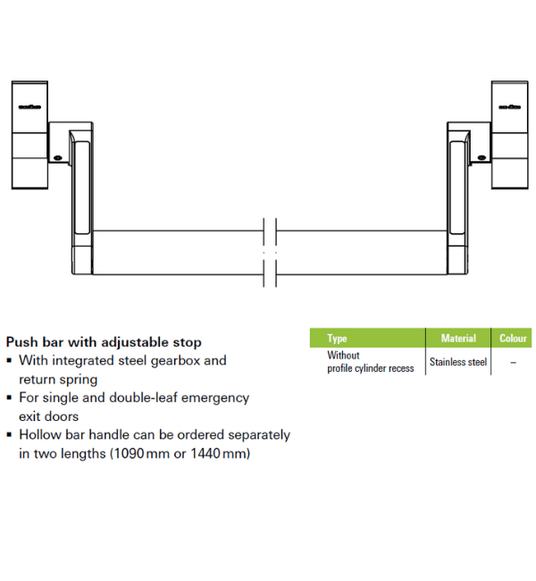 Schuco 212968 Stainless Steel Push Bar with Adjustable Stop - Emergency Exit Hardware
