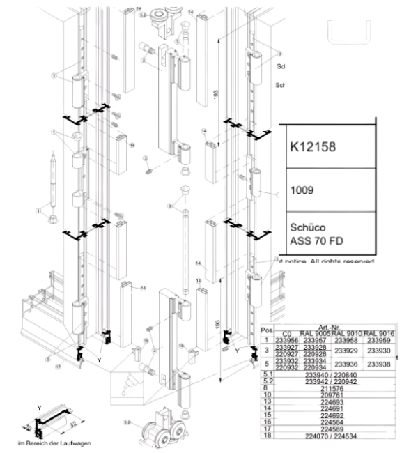 Schuco 220927 Roller Carriage Hinge - Heavy Duty, 150kg Capacity, Silver Finish, Dual-Sided.