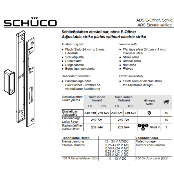 Schuco 239521 Adjustable Strike Plate for Door Systems