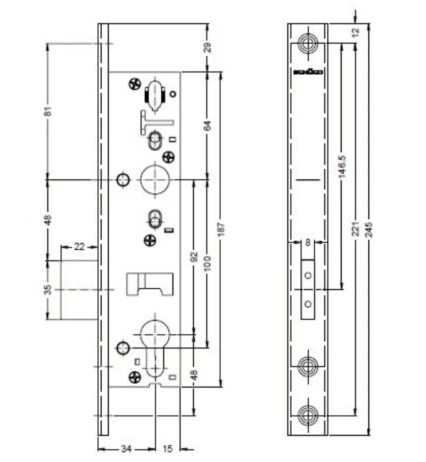 Schuco 241471 Professional Grade Bolt Lock - 34mm Backset