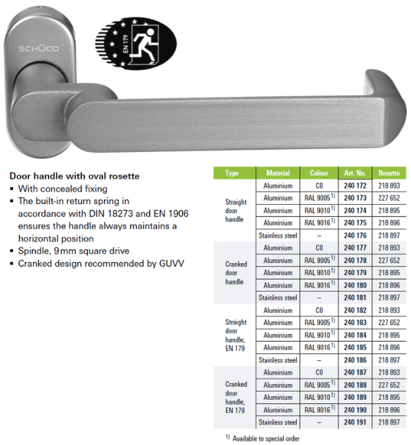 Schuco 240190 Aluminium Door Handle - RAL 9016 Cranked Ergonomic Lever with Oval Rosette (EN 179 Certified)