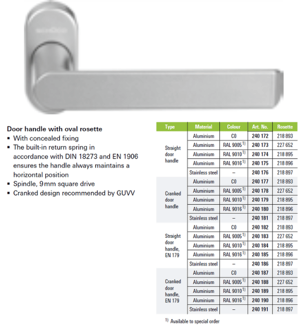 Schuco 240176 Stainless Steel Door Handle with Oval Rosette - Straight Lever Handle