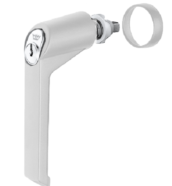 A modern chrome door handle lever with a keyhole insert and a separate circular keyring shown beside it, isolated on a white background.