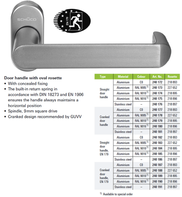 Schuco 240183 Straight Door Handle with Oval Rosette, RAL 9005 Black - EN 179 Certified