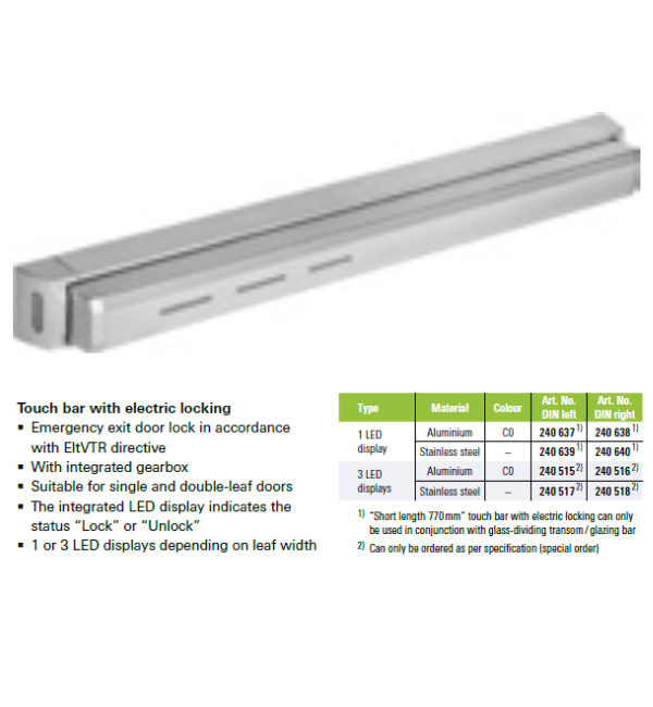 Schuco 240637 Aluminium C0 Touch Bar with Electric Locking and 1 LED Display (DIN Left)