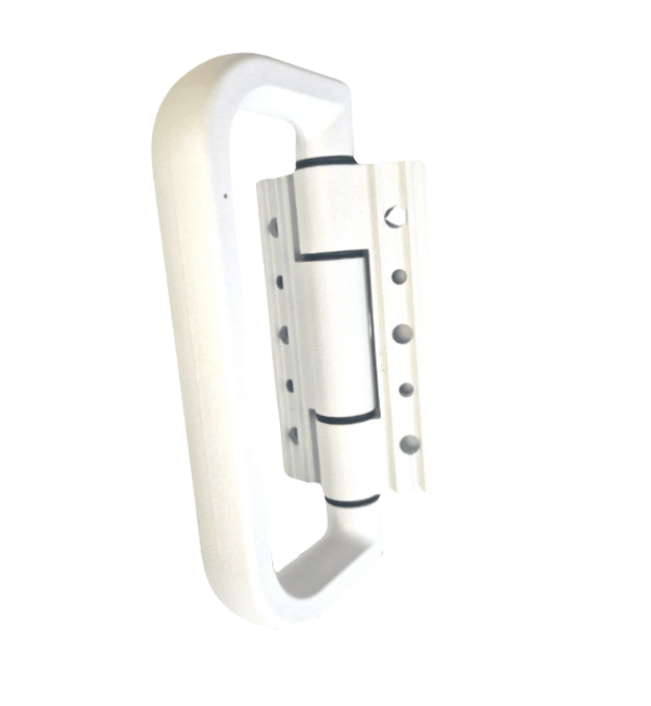A white metal door handle set with a rectangular frame and a central hinge mechanism, isolated on a white background.