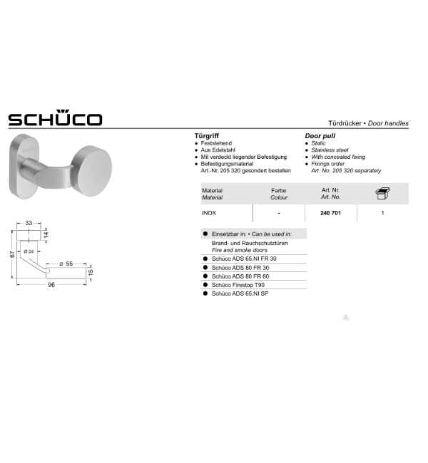 Schuco 240701 Commercial Pull Door Handle - Durable Stainless Steel for Modern Entrances