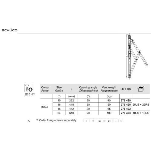 Schueco Heavy Duty Stainless Steel Projected Side Window Friction Hinge Stay - 24" (610mm) - Pair L/R - Part# 276488