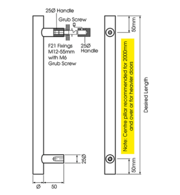 Alpro 98 Series Architectural Handles - 67mm Projection Pillars, 25mm Tube Diameter, Satin Stainless Steel