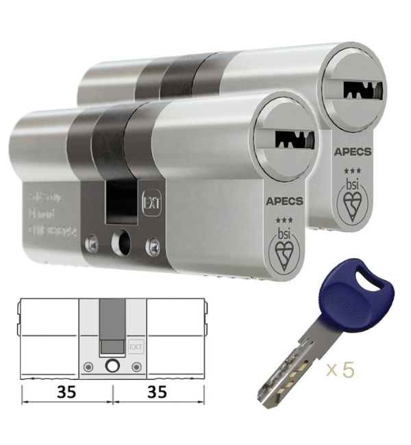 APECS Euro Cylinder Lock - 3 Star Kitemark, Sold Secure Diamond, Anti-Snap, Anti-Pick, Anti-Drill (40/45mm, Satin Nickel, 5 Keys)