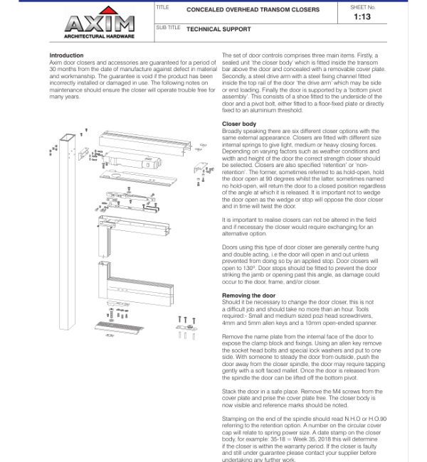 Axim ACT8802015 Concealed Overhead Transom Door Closer - TC 8800 Series, 15mm Extension Spindle, No Hold Open