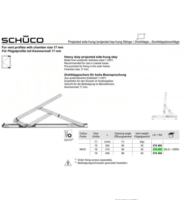 Schueco Heavy Duty Projected Top & Side Window Friction Hinge - Stainless Steel 276490 (Sold as 1 Pair)
