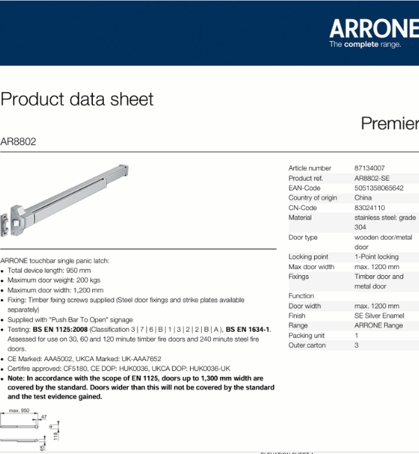 HOPPE Arrone AR8802 Silver Enamel Single Panic Latch with Touchbar