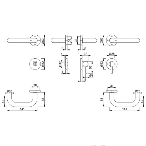 HOPPE Paris Stainless Steel SecuSan Antimicrobial Bathroom/WC Interior Door Handle Set F69-S Satin Finish for 40-45mm Doors
