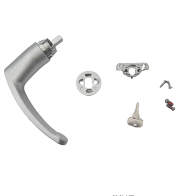 Genuine Kawneer Tilt and Turn Handle with Rosette, Key, and Fixing - Silver Anodized