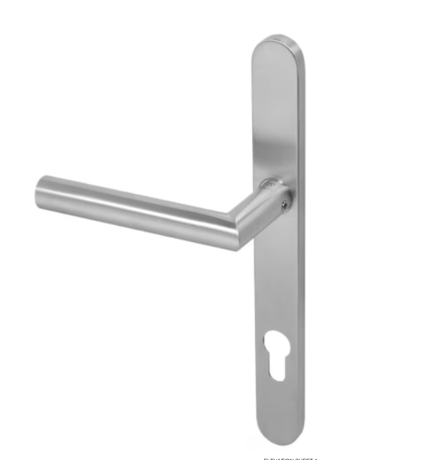 BLU KM070 Mitre Lever Door Handle on Backplate - 316 Satin Stainless Steel (Pair with Spindle)