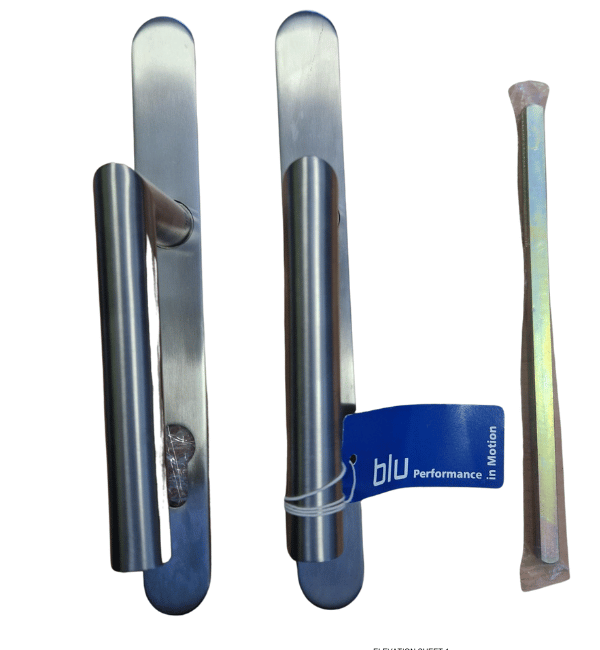 BLU KM070 Mitre Lever Door Handle on Backplate - 316 Satin Stainless Steel (Pair with Spindle)